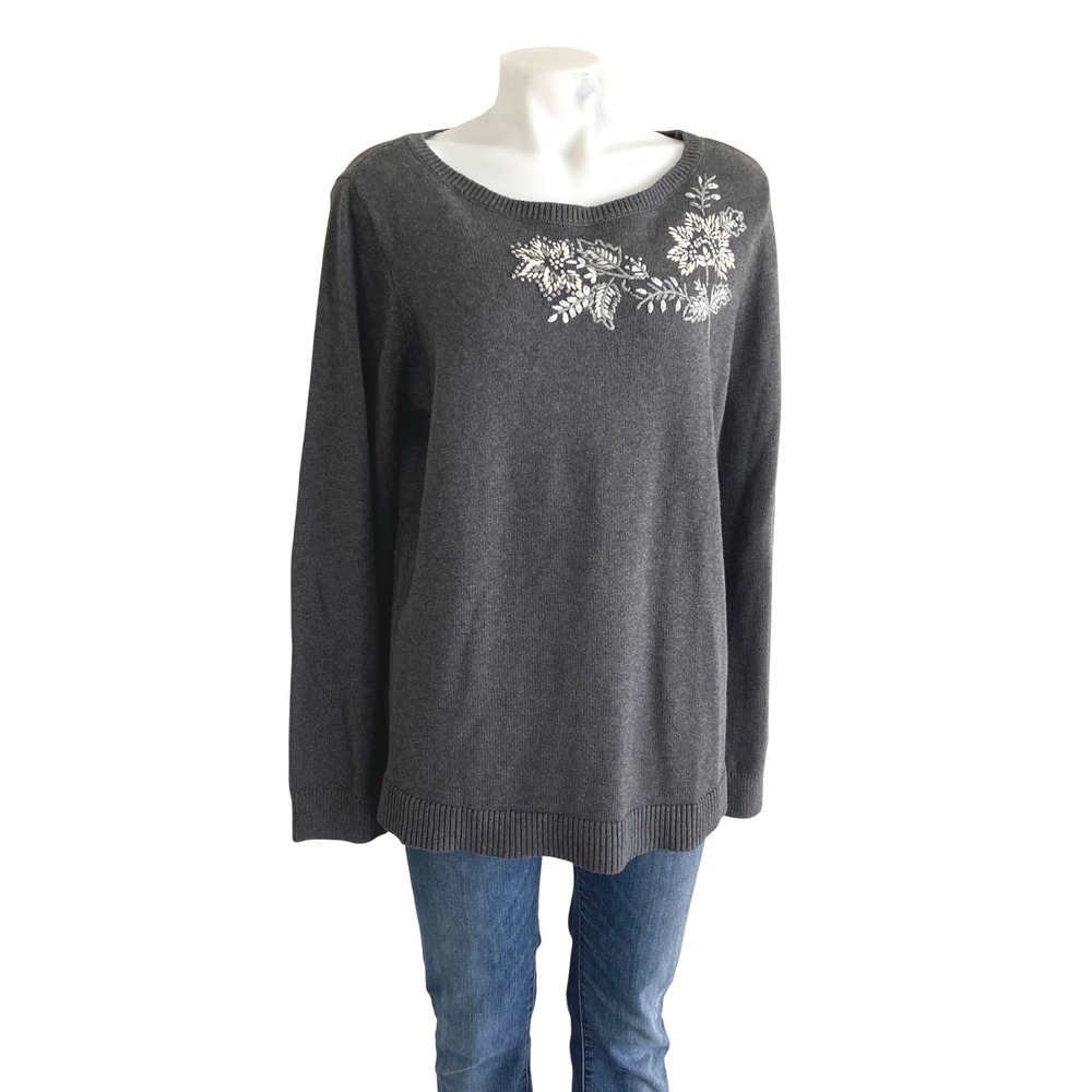 LOFT Womens XL Gray Floral Embroidered Cotton Long Sleeve Sweater 25838305